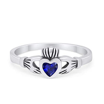 Irish Claddagh Simulated Blue Sapphire CZ Heart Promise Ring 925 Sterling Silver